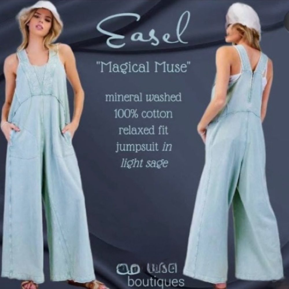 Easel Mineral Washed Terry Knit Jumpsuit in stone wash - Picture 2 of 16